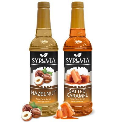 Syruvia Coffee Syrup Variety Pack - Hazelnut &amp; Salted Caramel- Gluten - Free, Kosher, 25.4 fl oz Bottles - Enhance Your Coffee Experience with Premium Flavoring Syrups