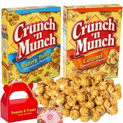 Crunch &#39;N Munch Popcorn Snacks | Buttery Toffee &amp; Caramel Flavors with Peanuts | Delicious Sweet N Salty | Movies School Office Birthday Holiday Party Gift | Plus Muchai Treat Box (2 Boxes)