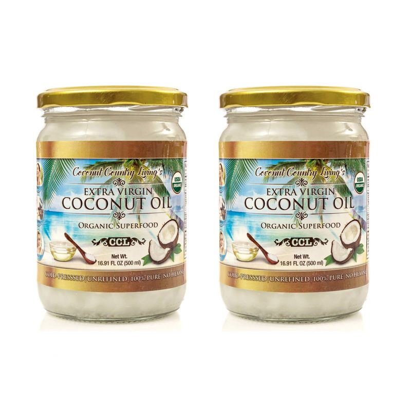 Coconut Country Living&#39;s Extra Virgin Coconut Oil - Cold Pressed, Unrefined organic Superfood for Hair, Skin, Beauty, Cooking - Keto &amp; Paleo Diet Friendly - 16.91 oz - 2 Jars