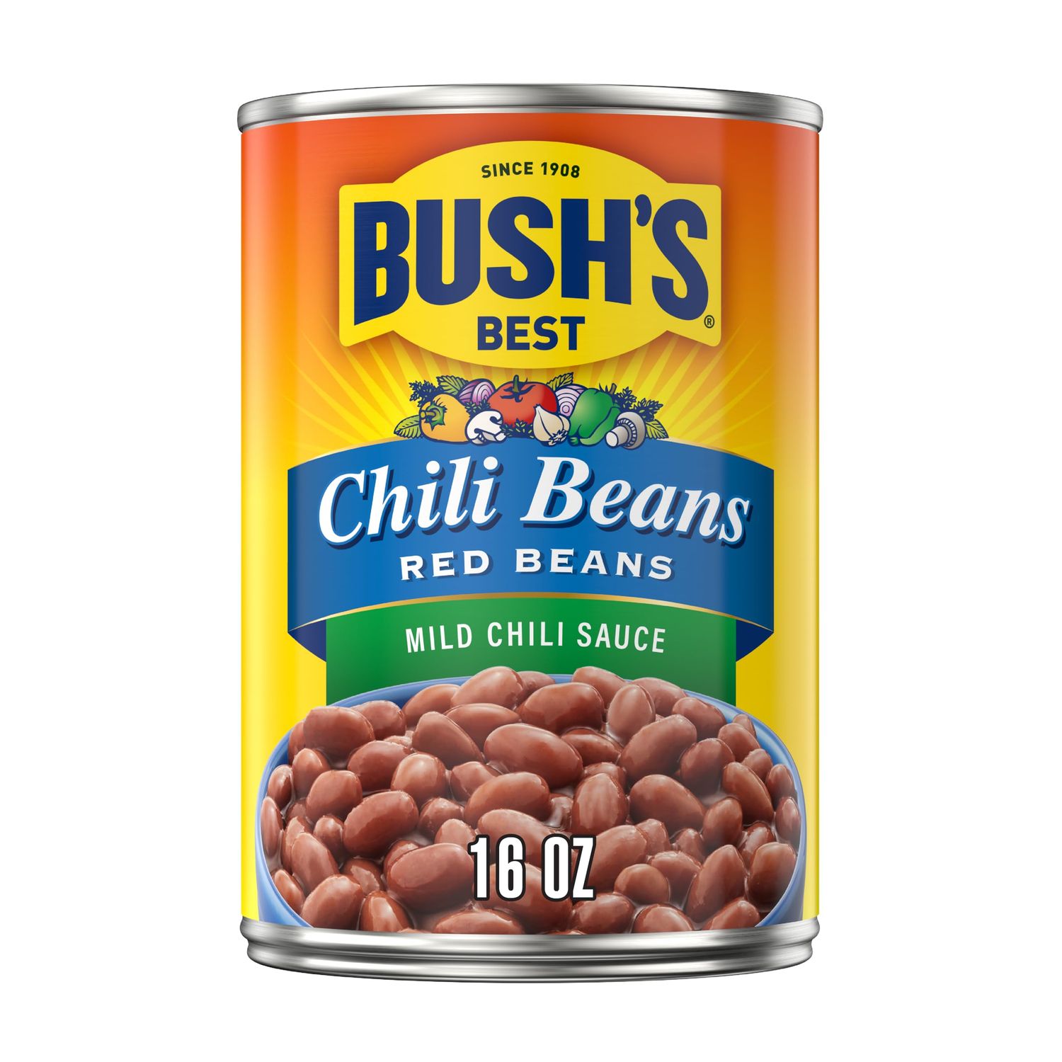 Bush&#39;s Canned Mild Red Chili Beans (Pack of 1), Plant-Based Protein, Excellent Source of Fiber, Low Fat, Gluten Free, in Mild Chili Sauce, 16 oz