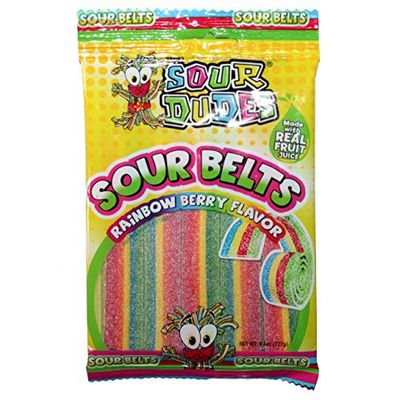 Sour Dudes (1) Bag Sour Belts - Rainbow Berry Flavor - Made With Real Fruit Juice Sour &amp; Sweet Candy - 4.5 oz