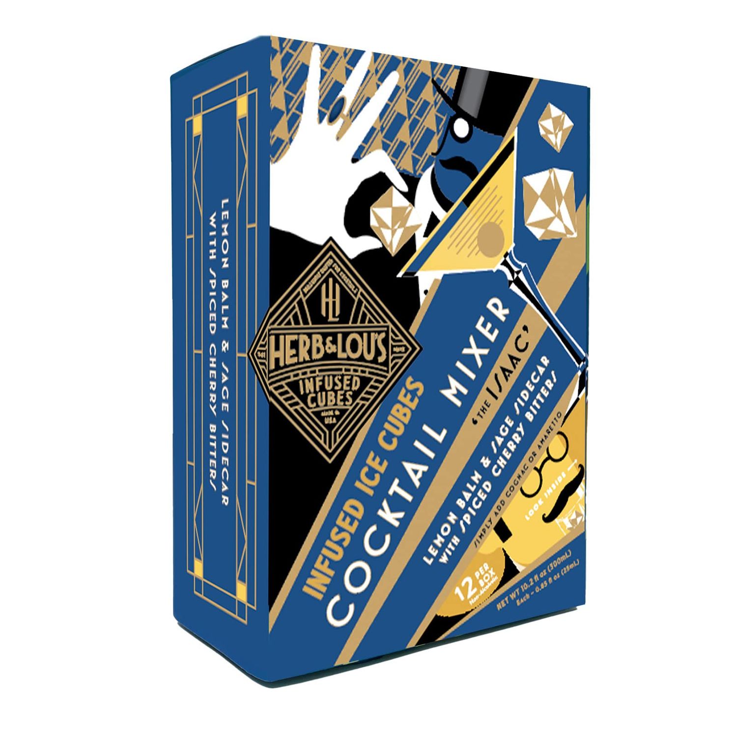 Herb &amp; Lou&#39;s Infused Cubes Cocktail Mixers - The Isaac, Simply Add Cognac or Amaretto, Lemon Balm &amp; Sage Sidecar with Spiced Cherry Bitters, Non-Alcoholic Infused Ice Cubes, Made in USA - 12-Cubes