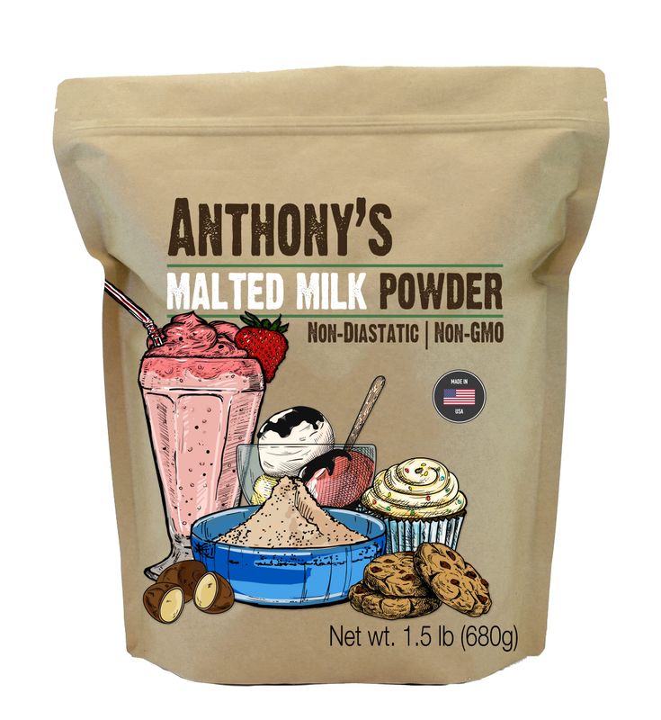 Anthony&#39;s Malted Milk Powder 1.5lb, For Ice Cream, Milk Shakes, and Baking, Non GMO, Made in USA