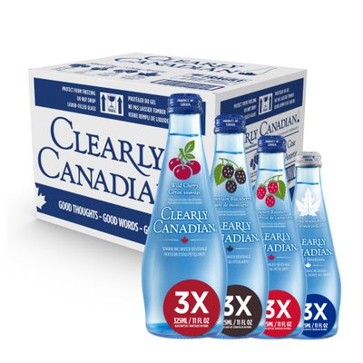 Clearly Canadian Variety Pack Sparkling Spring Water Beverage, Natural &amp; Carbonated, Flavored Seltzer Water, Mixed Flavors, 1 Case (12 Bottles x 325mL)