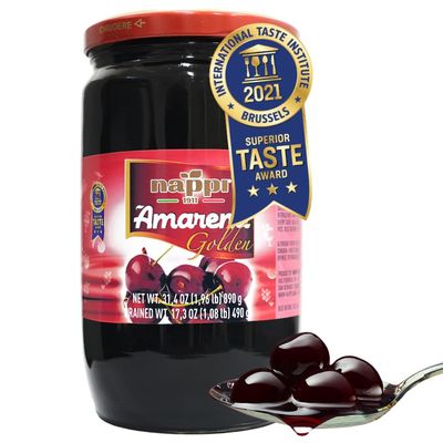 Nappi 1911, Amarena Cherries, 2 lb (890 g), Cocktail Cherries, Red Italian Cherry for Premium Cocktails and Desserts, Superior Taste Award Winning 2022, Amarena Golden in Syrup