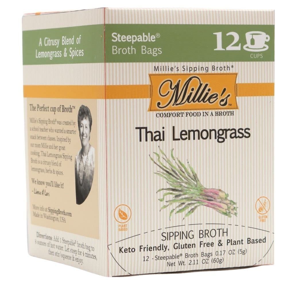 Millies Sipping Broth - Vegetable Broth -Natural-Gluten Free-Keto Friendly Thai Lemongrass 12 Count Box