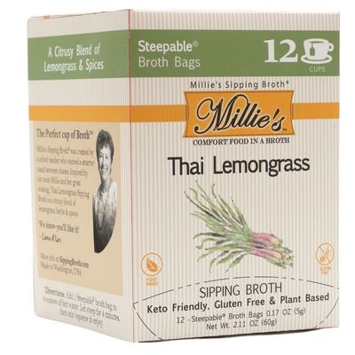 Millies Sipping Broth - Vegetable Broth -Natural-Gluten Free-Keto Friendly Thai Lemongrass 12 Count Box