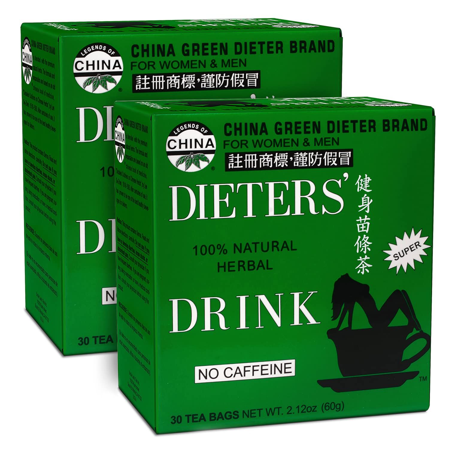 China Green Dieters Tea Detox Tea with Senna Laxative, Constipation Relief for Adults, Supports A Healthy Weight, Caffeine-Free Herbal Tea Bags, 30 Count (Pack of 2)