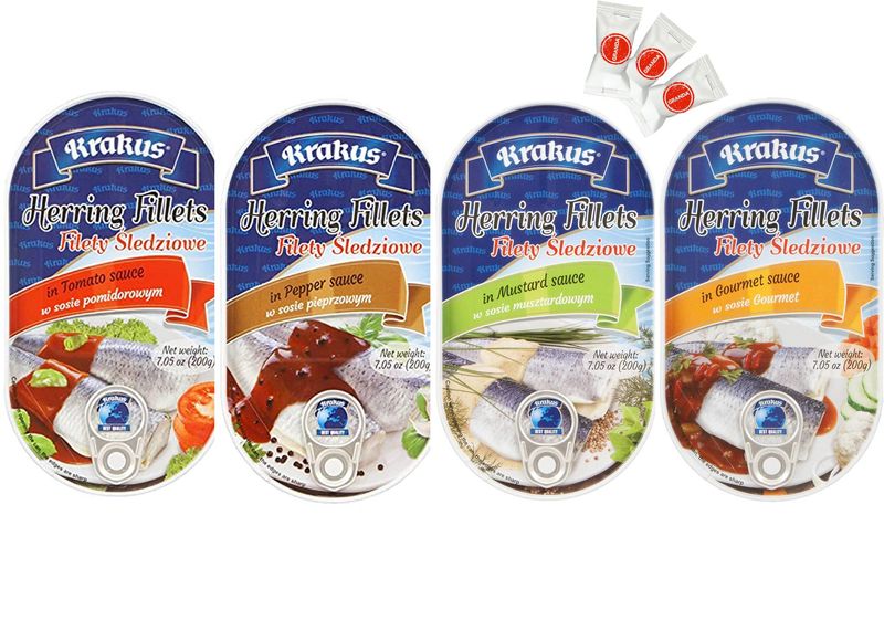 KRAKUS HERRING FILLETS in variety taste sauce: tomato, mustard, gourmet, pepper 7.05 oz (200g) x 4 pack. Variety taste: PRODUCT OF POLAND.