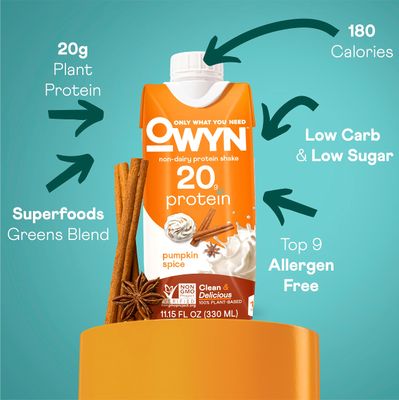 Owyn Vegan Protein Shake, Pumpkin Spice, 20g Plant Based Protein, Omega-3, Prebiotic Supplements, Gluten-Free, Soy-Free, Non-GMO (Pumpkin Spice, 12 Pack) (Packaging May Vary)