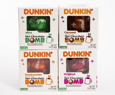 Dunkin' Hot Chocolate BOMB 4 Pack Assorted Flavors Bundle- Original, Mint, Dunkaccino, Caramel, Four Hot Cocoa Melting Balls, Winter Hot Cocoa Beverage, Christmas Stocking Stuffer &amp; Holiday Gift