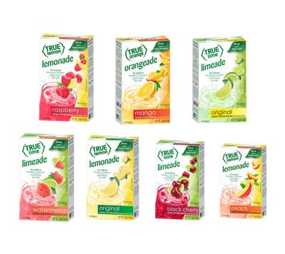 True Lime 7 flavor variety Pack: WATERMELON AQUA FRESCA, LIMEADE, Original Lemonade, Peach, Black Cherry, Raspberry &amp; Mango Orange. True Citrus Assorted Beverage Pack: (7 boxes), Red