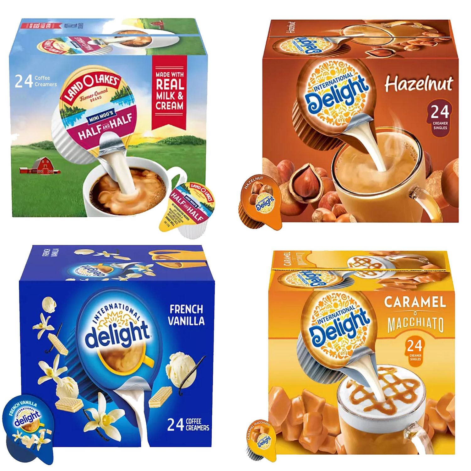 SOUTHERN BASICS Premium Coffee Creamers Liquid Creamer Singles Variety Pack, Caramel Macchiato, French Vanilla, Half-Half &amp; Hazelnut - No Refrigeration - Box Of 96