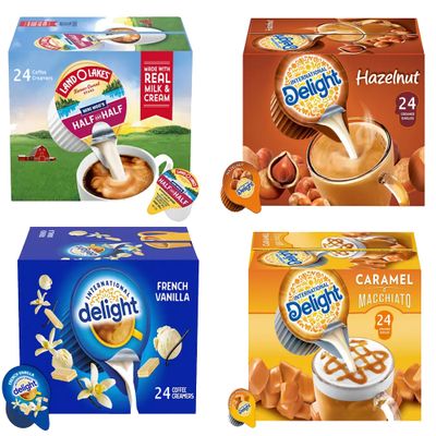 SOUTHERN BASICS Premium Coffee Creamers Liquid Creamer Singles Variety Pack, Caramel Macchiato, French Vanilla, Half-Half &amp; Hazelnut - No Refrigeration - Box Of 96