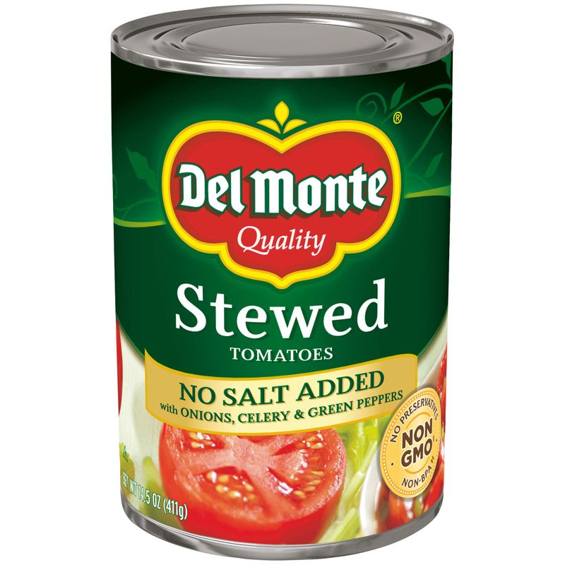 Del Monte Stewed Tomatoes with Onions, Celery, and Green Peppers, No Salt Added, 14.0z (12 Pack)