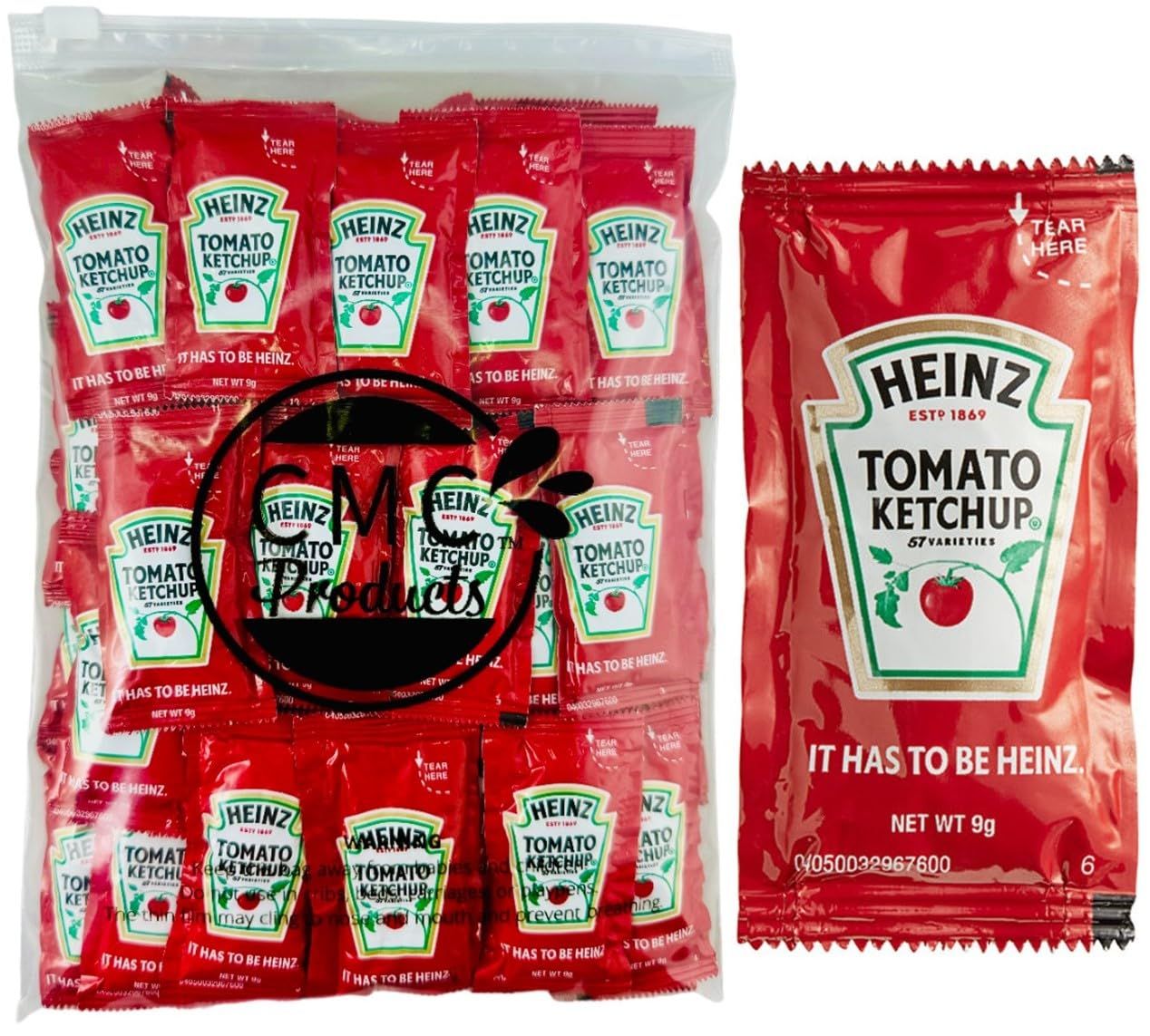 Ketchup Packets (9g) - 50 Count - Ketchup Condiment Packs in Custom CMC Products Food Safe Slide Seal Bag, bundle, packaged by CMC Products