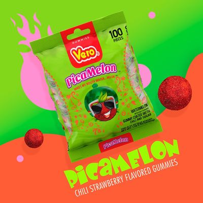 Vero Picamelon - Watermelon Flavored Chewy Gummy Treats Coated in Chili Powder 100 Pieces (Net Wt. 1 Lb, 5,15 Ounces) - Individually Wrapped Mexican Candy Gummies for Piatas, Halloween, and More