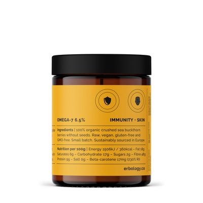 Erbology Organic Sea Buckthorn Powder 1.8 oz - 50 Servings - Skin Health and Immunity Support - Rich in Omega-7 (6.5%), Vitamin C and Vitamin A - Seeds Removed, More Concentrated - Vegan - GMO-Free