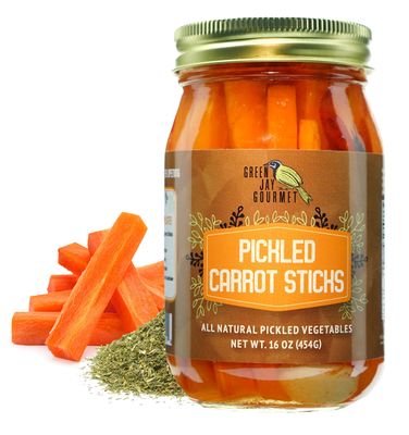 Green Jay Gourmet Spicy Pickled Carrot Sticks in a Jar - Fresh Hand Jarred Vegetables for Cooking &amp; Pantry - Home Grown Pre-Prepared Pickled Carrot Sticks - Simple Natural Ingredients - 16 Ounce Jar