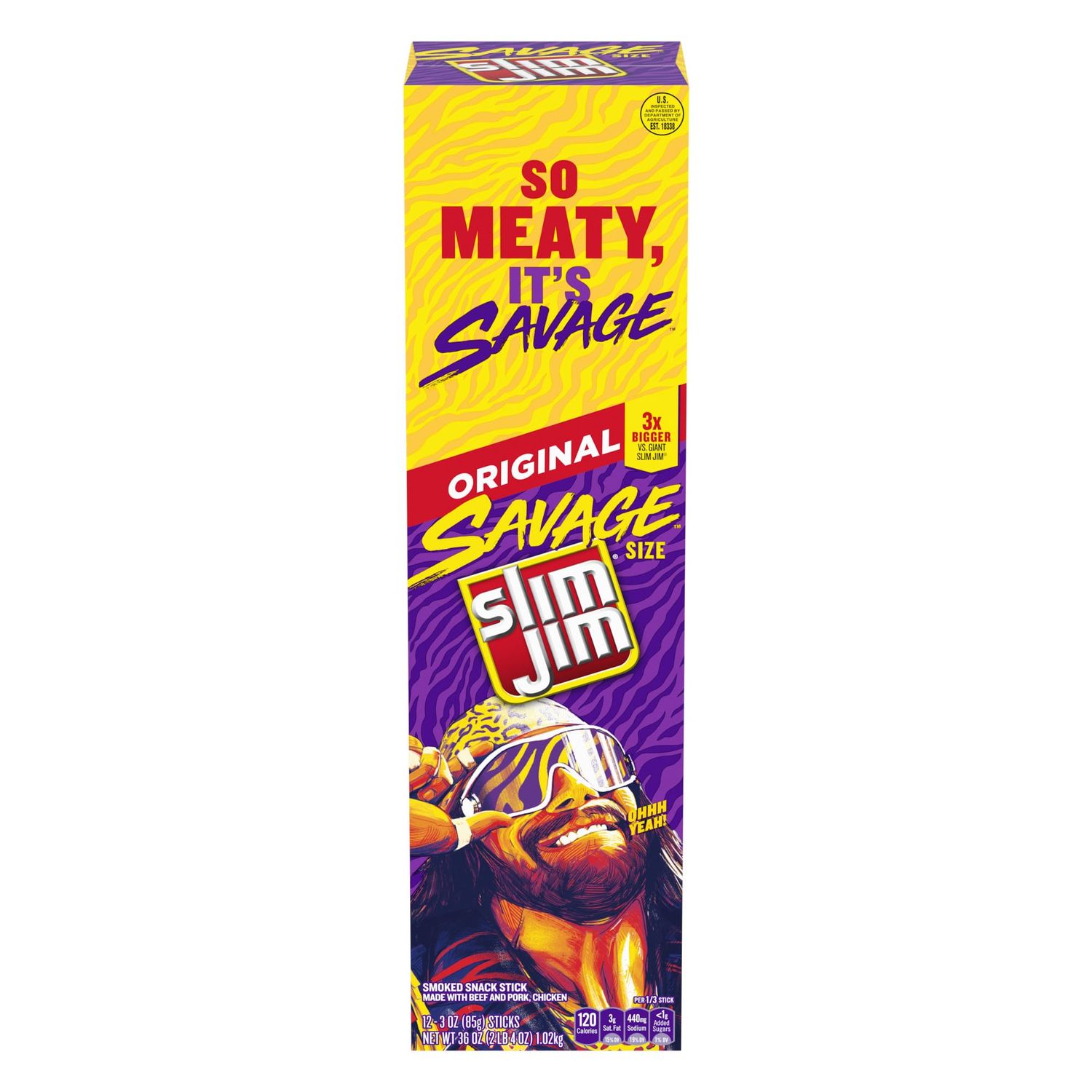 Slim Jim Savage Smoked Meat Sticks, Original Flavor, 18g Protein Per Stick, 3.0 oz. (12 Count)