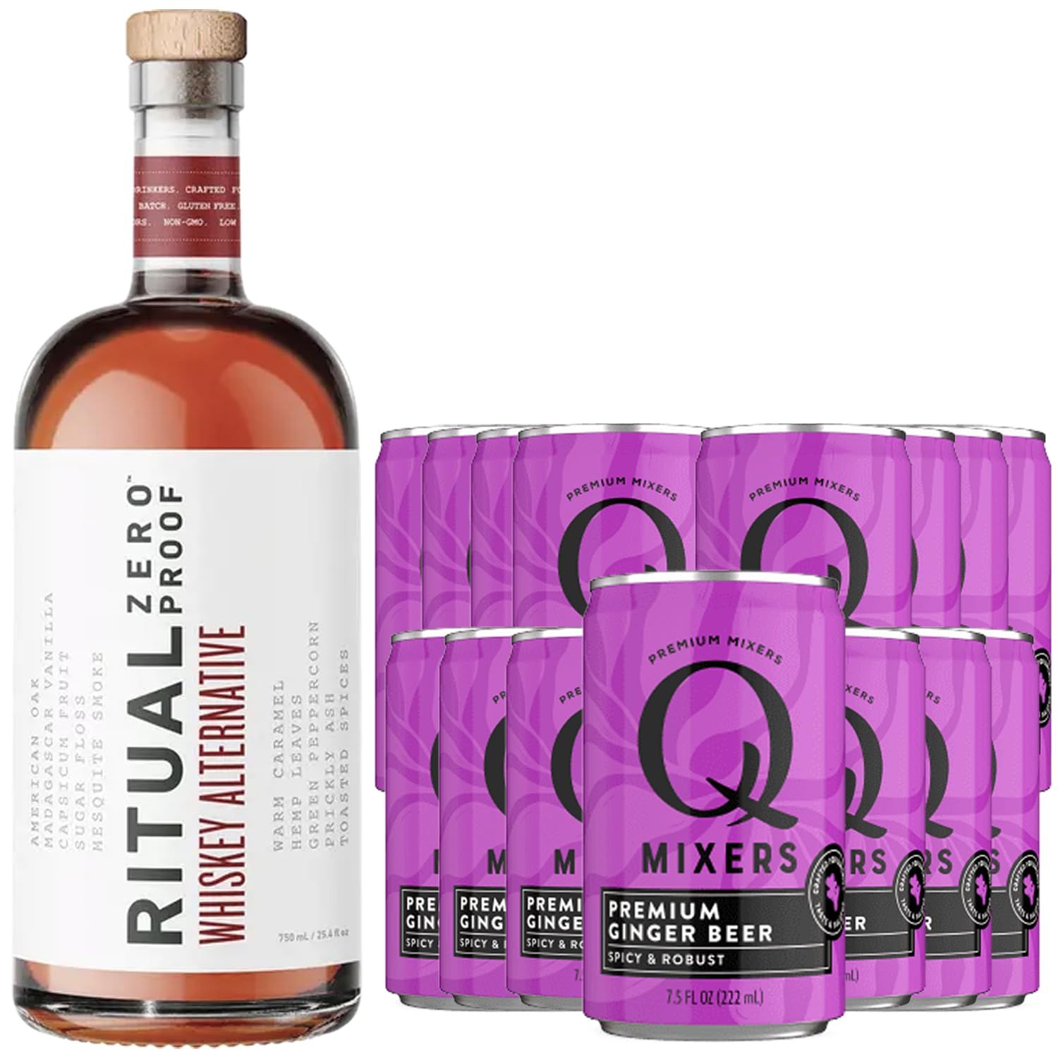 Ritual Zero Non-Alcoholic Whiskey Alternative with 15 Pack of Q Mixers Ginger Beer for your favorite Alcohol-Free Mixed Drink