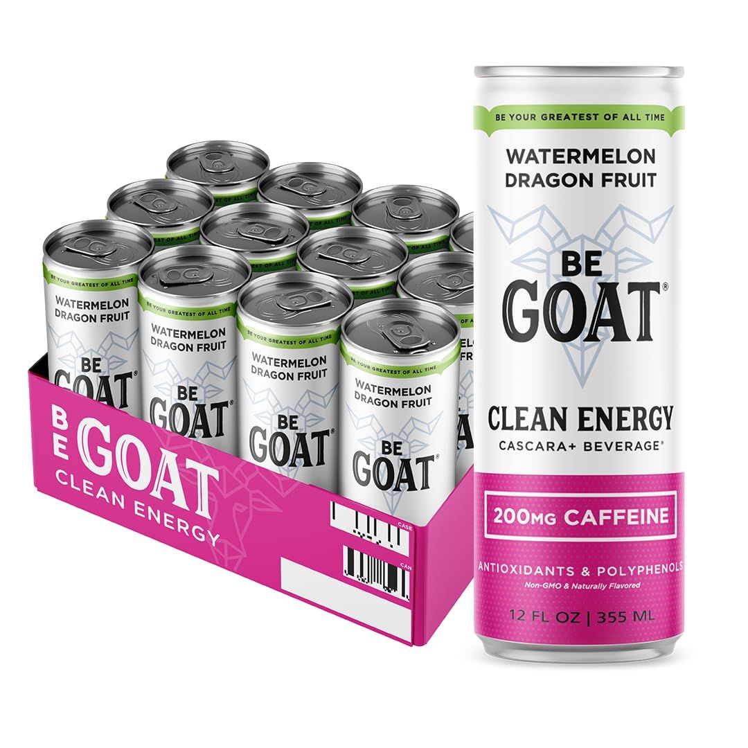 BeGOAT Watermelon Dragonfruit CLEAN Energy Drink | 200 Mg Caffeine, Non GMO, 6 Ingredients, 35 Calories, Antioxidants, Vegan, Gluten-Free 12 Fl OZ (Pack of 12)