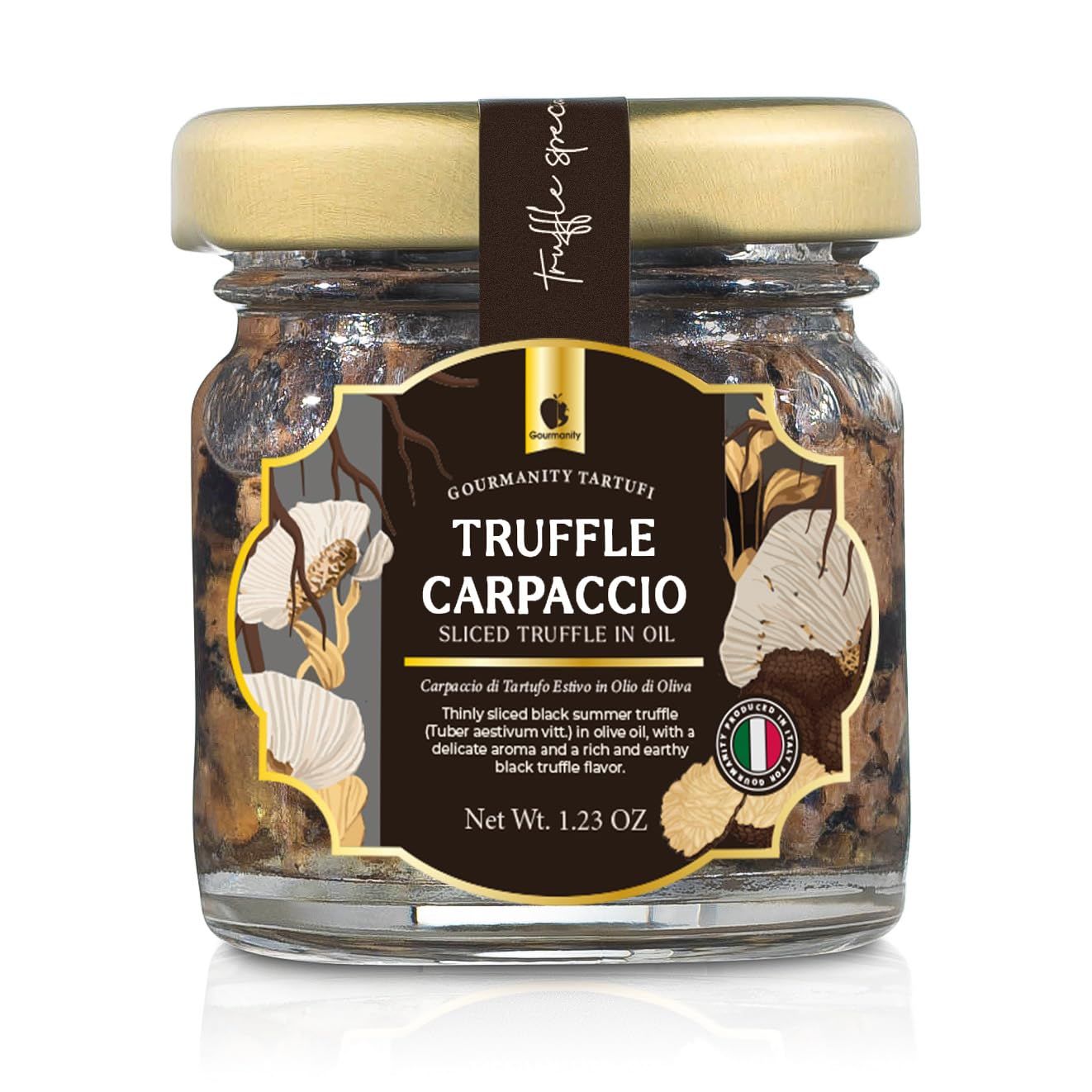 Gourmanity Tartufi Black Truffle Slices, Truffle Carpaccio in Olive Oil, (Tuber aestivum Vitt.) Add Luxury Flavor to Any Dish, Product of Italy [1.23oz Jar]