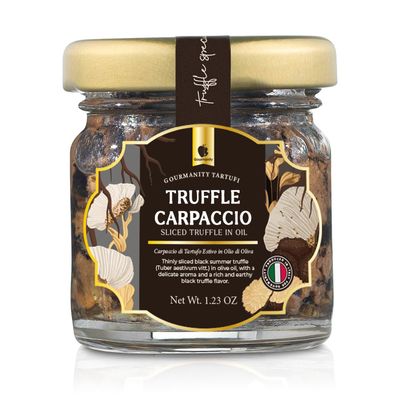 Gourmanity Tartufi Black Truffle Slices, Truffle Carpaccio in Olive Oil, (Tuber aestivum Vitt.) Add Luxury Flavor to Any Dish, Product of Italy [1.23oz Jar]