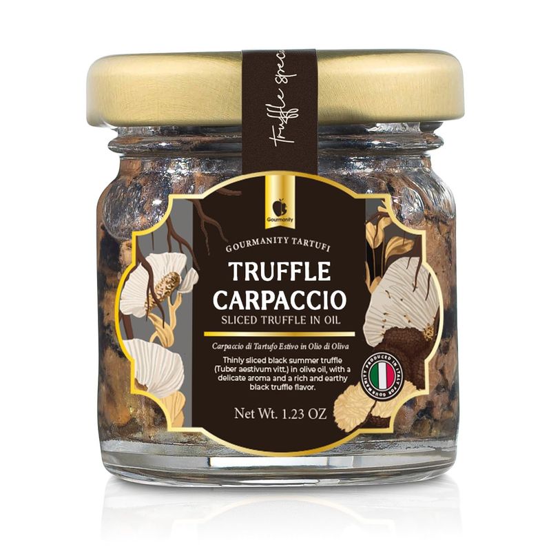 Gourmanity Tartufi Black Truffle Slices, Truffle Carpaccio in Olive Oil, (Tuber aestivum Vitt.) Add Luxury Flavor to Any Dish, Product of Italy [1.23oz Jar]