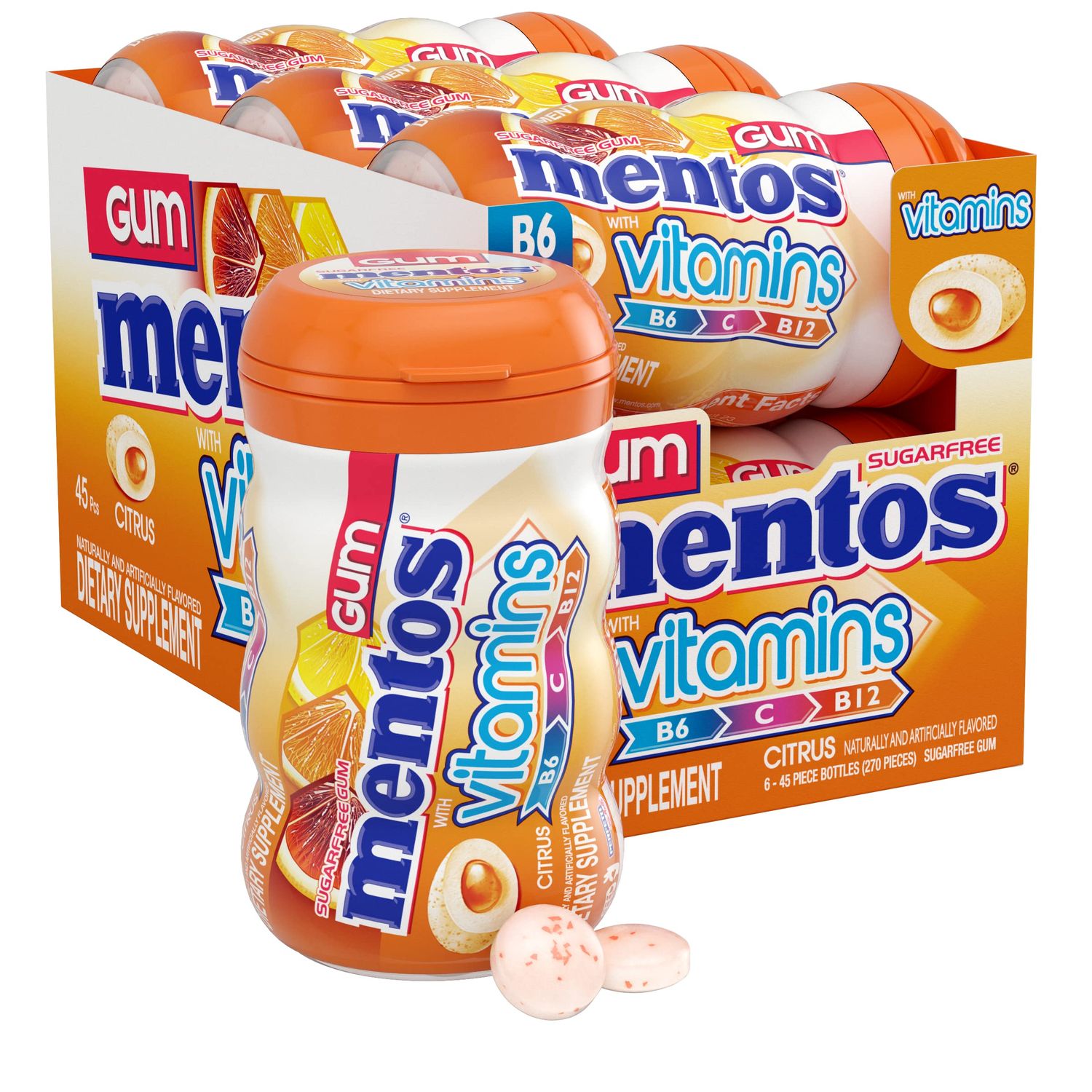 Mentos Gum with Vitamins, Sugar Free Chewing Gum with Xylitol, Citrus Flavor, Holiday Christmas Stocking Stuffers for Adults, Vitamins B6, B12 and C, Bottle of 45 (Bulk Pack of 6)