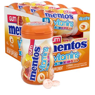 Mentos Gum with Vitamins, Sugar Free Chewing Gum with Xylitol, Citrus Flavor, Holiday Christmas Stocking Stuffers for Adults, Vitamins B6, B12 and C, Bottle of 45 (Bulk Pack of 6)
