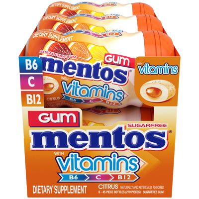 Mentos Gum with Vitamins, Sugar Free Chewing Gum with Xylitol, Citrus Flavor, Holiday Christmas Stocking Stuffers for Adults, Vitamins B6, B12 and C, Bottle of 45 (Bulk Pack of 6)