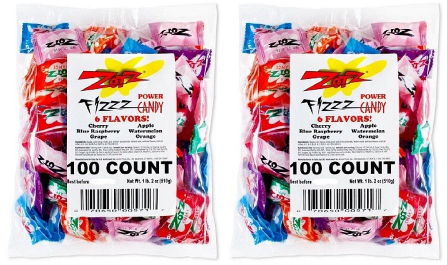 Zotz Fizzy Bulk Candy (Assorted, 200 Units)- Hard Candy Individually Wrapped- Assorted Fruit Flavors, Cherry, Watermelon, Blue Raspberry, Apple, Orange &amp; Grape- From Italy Since 1970