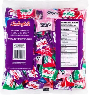 Zotz Fizzy Bulk Candy (Assorted, 200 Units)- Hard Candy Individually Wrapped- Assorted Fruit Flavors, Cherry, Watermelon, Blue Raspberry, Apple, Orange &amp; Grape- From Italy Since 1970