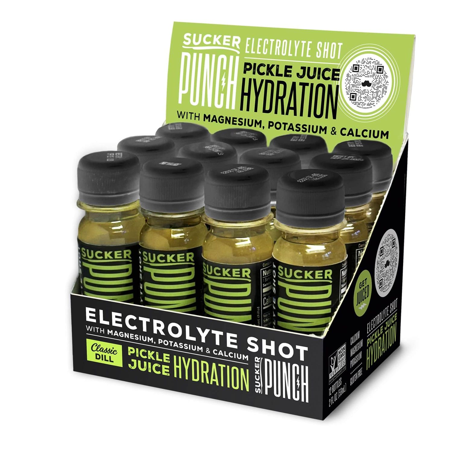 Suckerpunch Hydration Pickle Juice Shot, Dill Flavored, Gluten Free, Post Workout Dill Electrolyte Drink, Low Calorie, Muscle Cramp Defense, Potassium, Keto Friendly, Low Sugar, Non GMO, 2 Oz, 12 CT