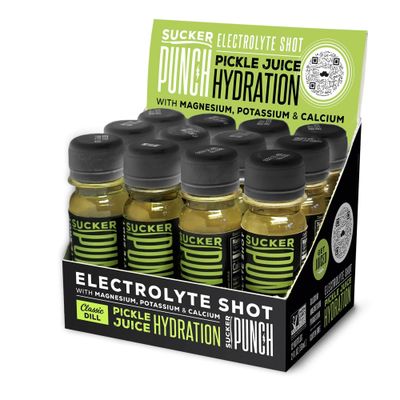 Suckerpunch Hydration Pickle Juice Shot, Dill Flavored, Gluten Free, Post Workout Dill Electrolyte Drink, Low Calorie, Muscle Cramp Defense, Potassium, Keto Friendly, Low Sugar, Non GMO, 2 Oz, 12 CT