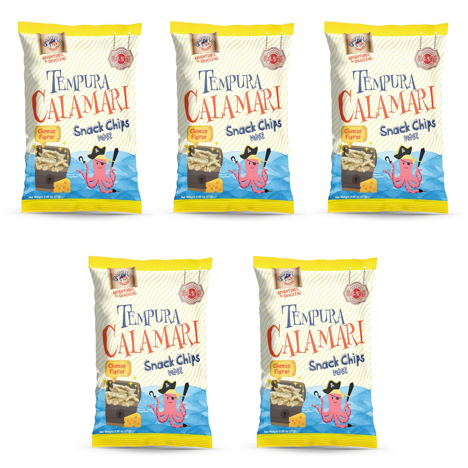 Swashbuckle Snacks Crispy Tempura Calamari Snack Chips Cheese Flavor 0.95oz (27g) - 5 pack, Made in Japan, Otsumami