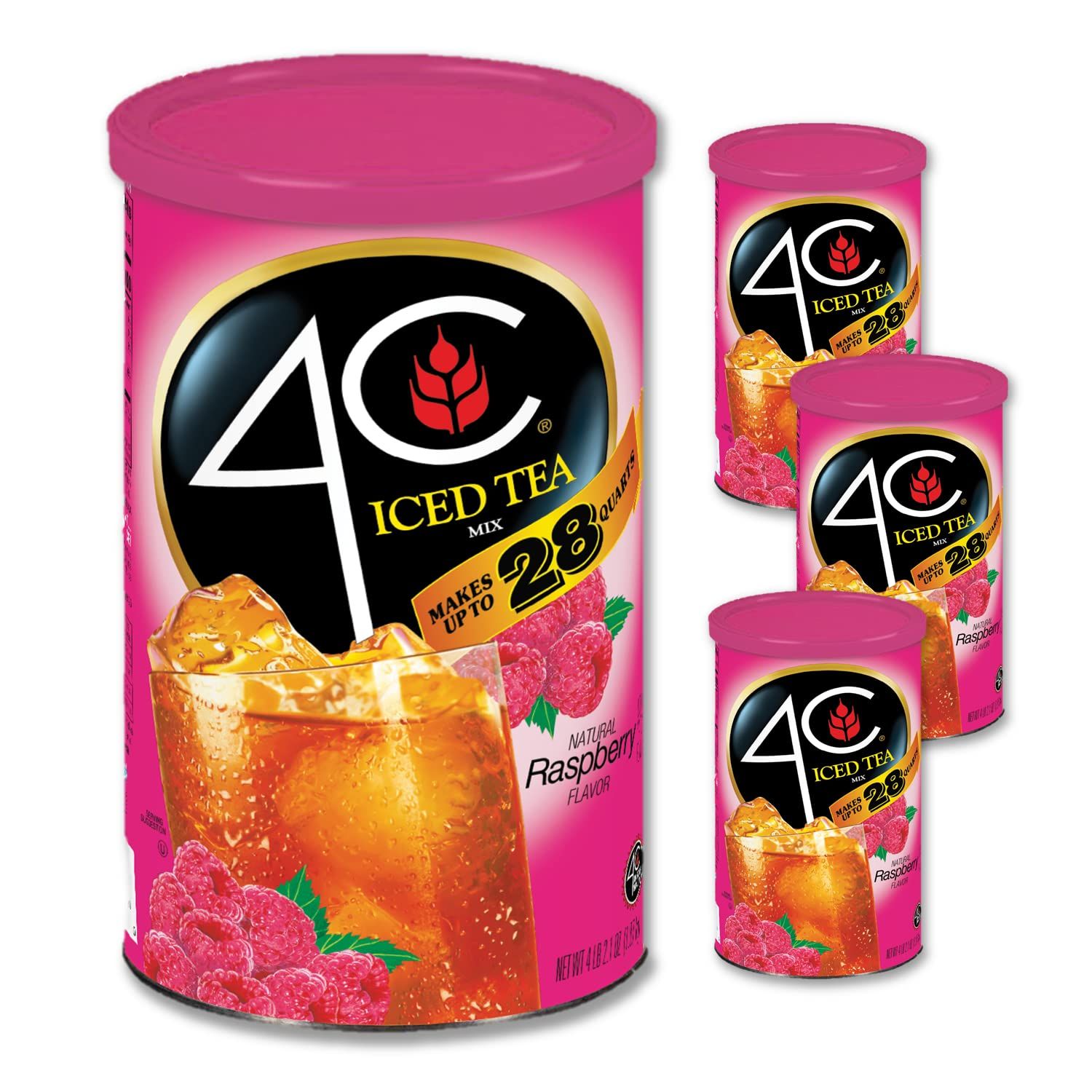 4C Powdered Drink Mix Cannisters, Raspberry Tea 3 Pack, 28 Quarts, Family Sized Cannister, Thirst Quenching &amp; Refreshing Flavors