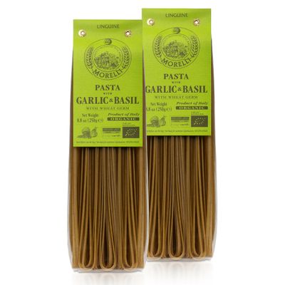 Morelli Italian Pasta Organic Garlic and Basil Linguine - Gourmet Pasta Handmade in Small Batches - Durum Wheat Semolina, Al Dente, Italian Pasta from Italy 8.8oz / 250g - Pack of 2