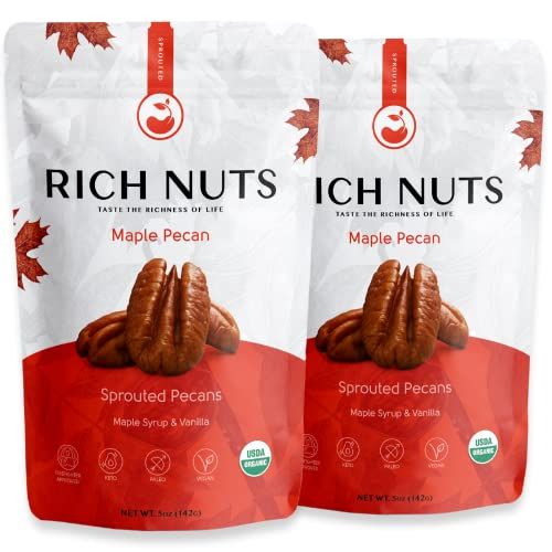 Rich Nuts Maple Pecan Gourmet Sprouted Pecans | Vegan, Paleo, Keto | Made with Maple Syrup, Vanilla Extract and Sea Salt | Non-Roasted from Dehyrdated Germinated Raw, Whole Pecans | 4 Oz Bag (2 Pack)