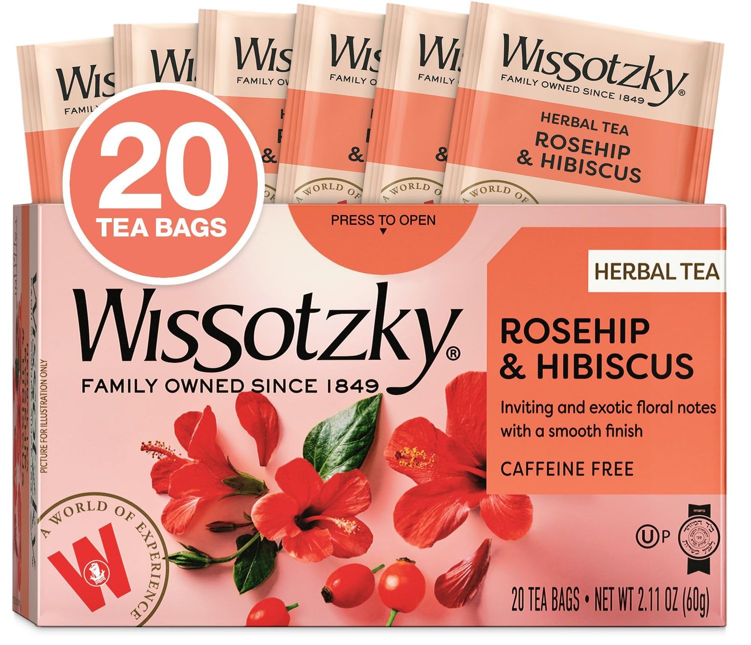 Wissotzky Rosehip &amp; Hibiscus Herbal Tea, 20 Tea Bags | Exotic Blend | Caffeine Free Tea | Immune Boost