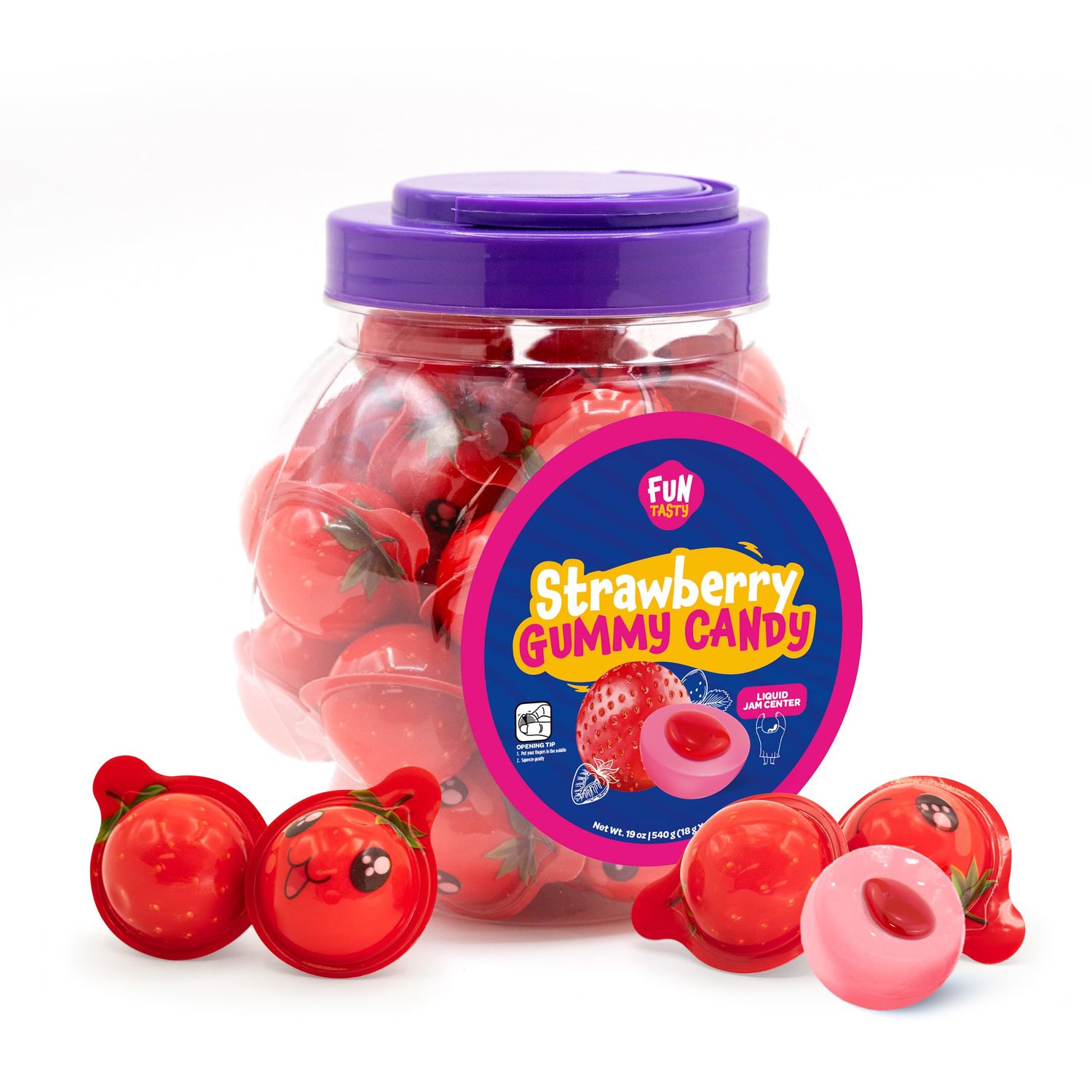 Funtasty Strawberry Gummy Balls Candy with Jam Center, 19-Ounce Jar (30 Count) - Party Favors