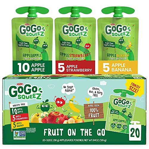 GoGo squeeZ Applesauce and Fruit Puree Variety Pack, Apple, Banana &amp; Strawberry, 3.2 oz (Pack of 20), Unsweetened Fruit Snacks for Kids, Gluten Free, Nut Free and Dairy Free, BPA Free Pouches