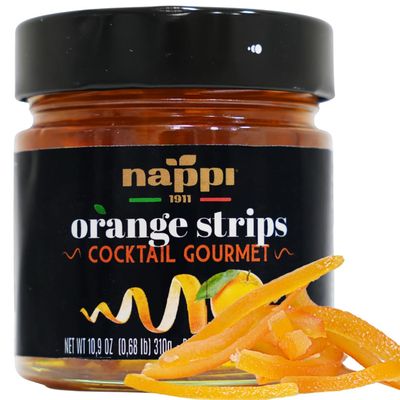 nappi 1911 , Orange Twist, Candied Orange Peel Strips in Syrup 10.9 oz, Popular Cocktail Garnish for Margarita, Martini, Negroni, Lemon Drop, Old Fashioned Drinks, Mocktail, Orange Peel for Baking