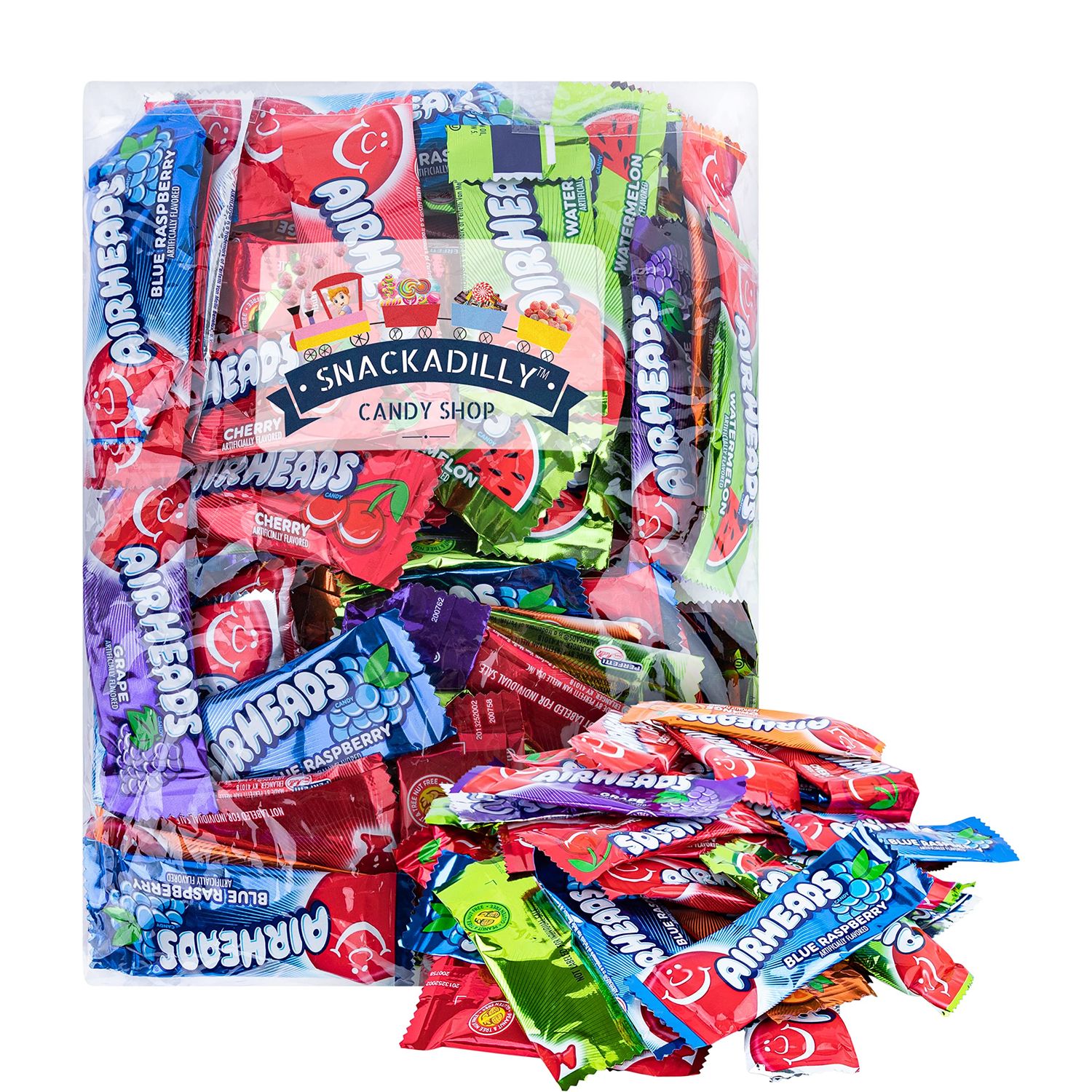 Airheadz Mini Bars Assortment - 2 Lbs Of Cherry, Orange, Lime, Blue Raspberry, &amp; White Mystery Flavors Freshly Packaged By Snackadilly
