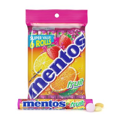 Mentos Chewy Candy Mint Roll, Fruit, Holiday Christmas Stocking Stuffers for Adults &amp; Kids, Non-Melting, 14 Count (Pack of 6)
