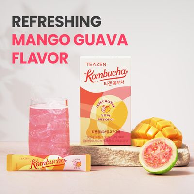 TEAZEN Mango Guava Kombucha Tea, Hydration Drink Mix, Sugar Free, Live Probiotics &amp; Prebiotics, 10 Sticks, 1.76oz