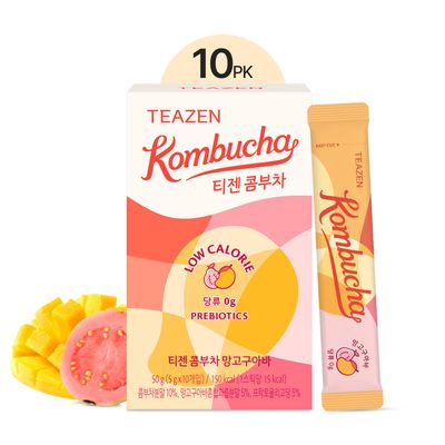 TEAZEN Mango Guava Kombucha Tea, Hydration Drink Mix, Sugar Free, Live Probiotics &amp; Prebiotics, 10 Sticks, 1.76oz