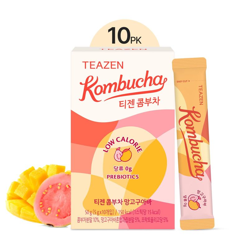TEAZEN Mango Guava Kombucha Tea, Hydration Drink Mix, Sugar Free, Live Probiotics &amp; Prebiotics, 10 Sticks, 1.76oz