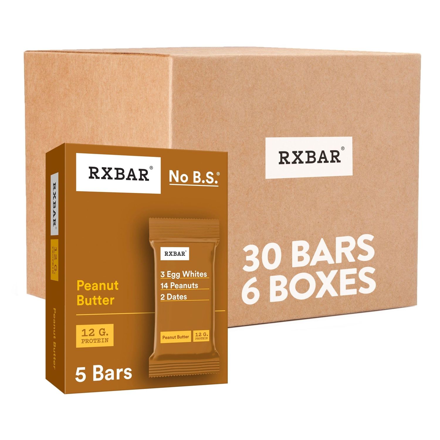 RXBAR Protein Bars, 12g Protein, Gluten Free Snacks, Peanut Butter (6 Boxes, 30 Bars)